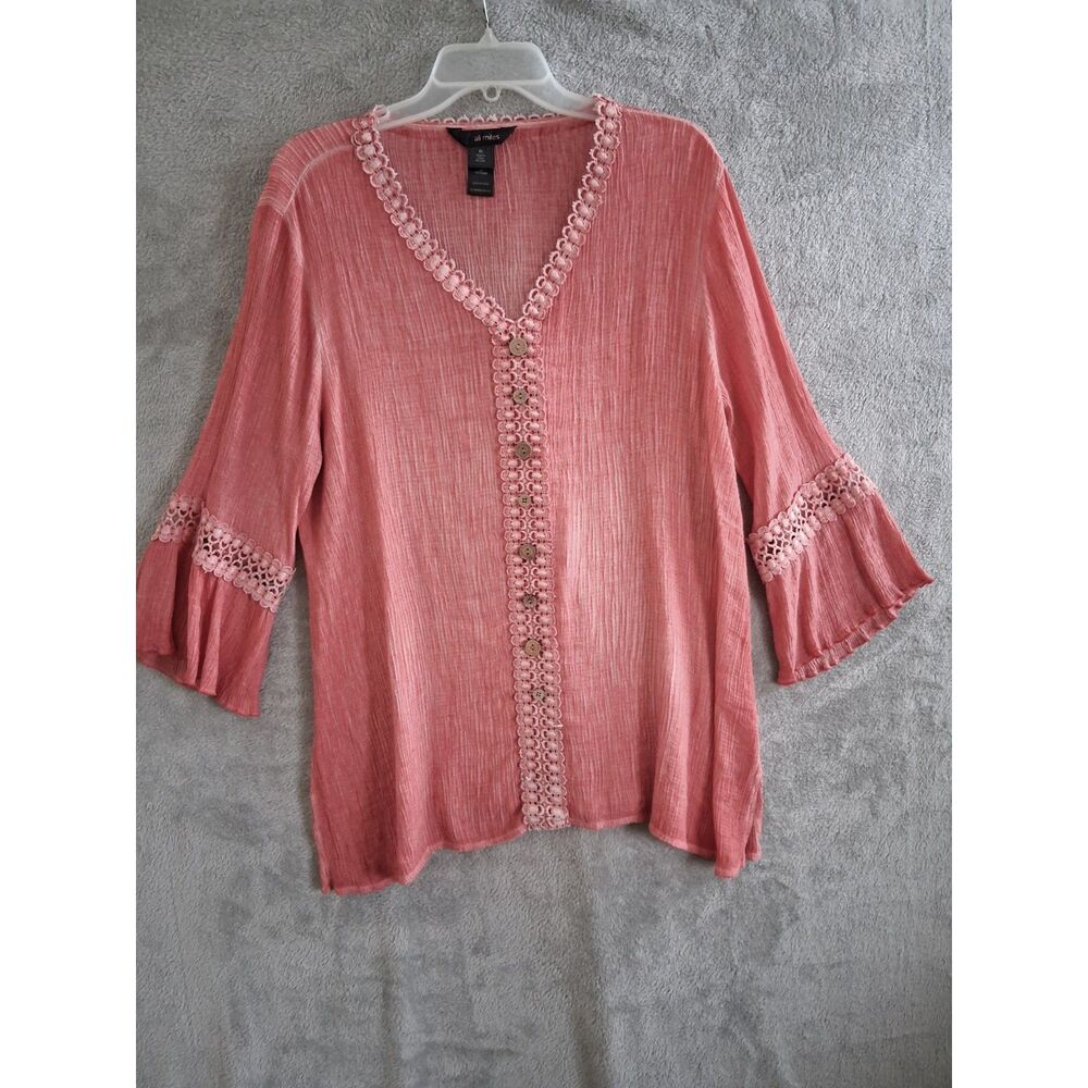 Ali Miles XL Top Crinkle VNeck Ruffle 3/4 Sleeve Coral Boho Peasant Flowy Artsy